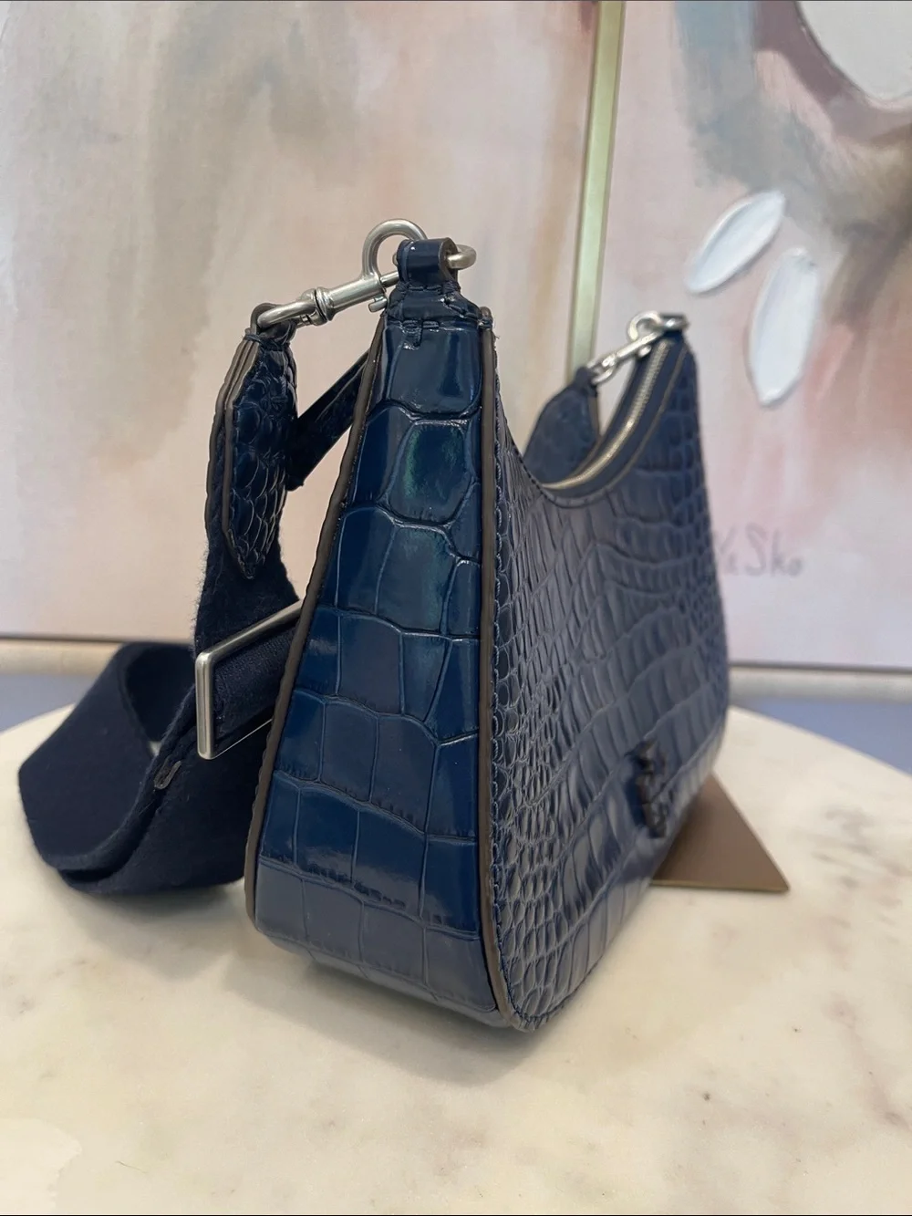 Tory Burch Croc-Embossed Navy Leather Shoulder Bag